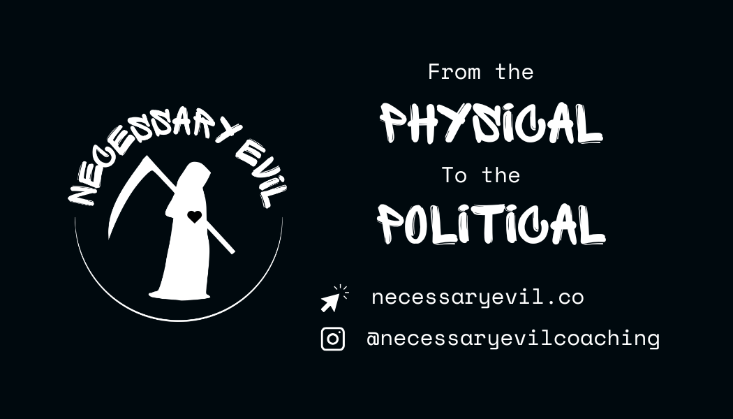 Necessary Evil's business card featuring the tagline "from the physical to the political," along with the logo of a grim reaper with a heart